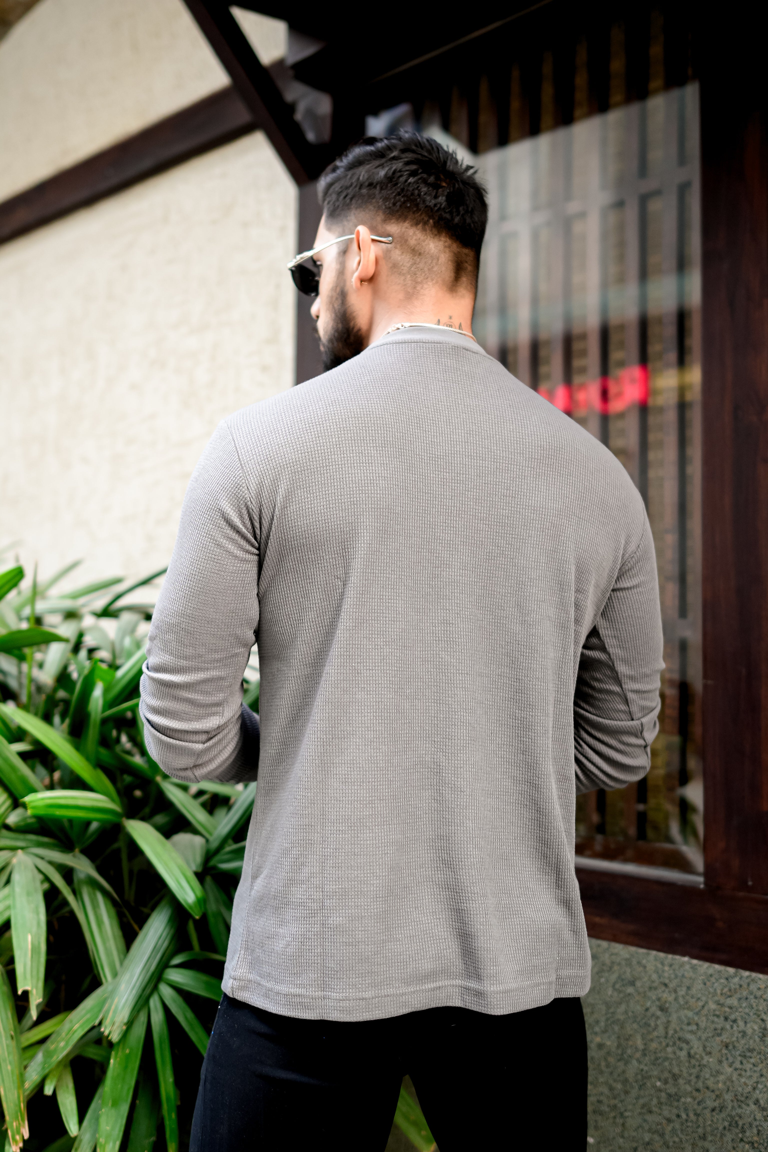 Grey Waffle Round Neck T-Shirt