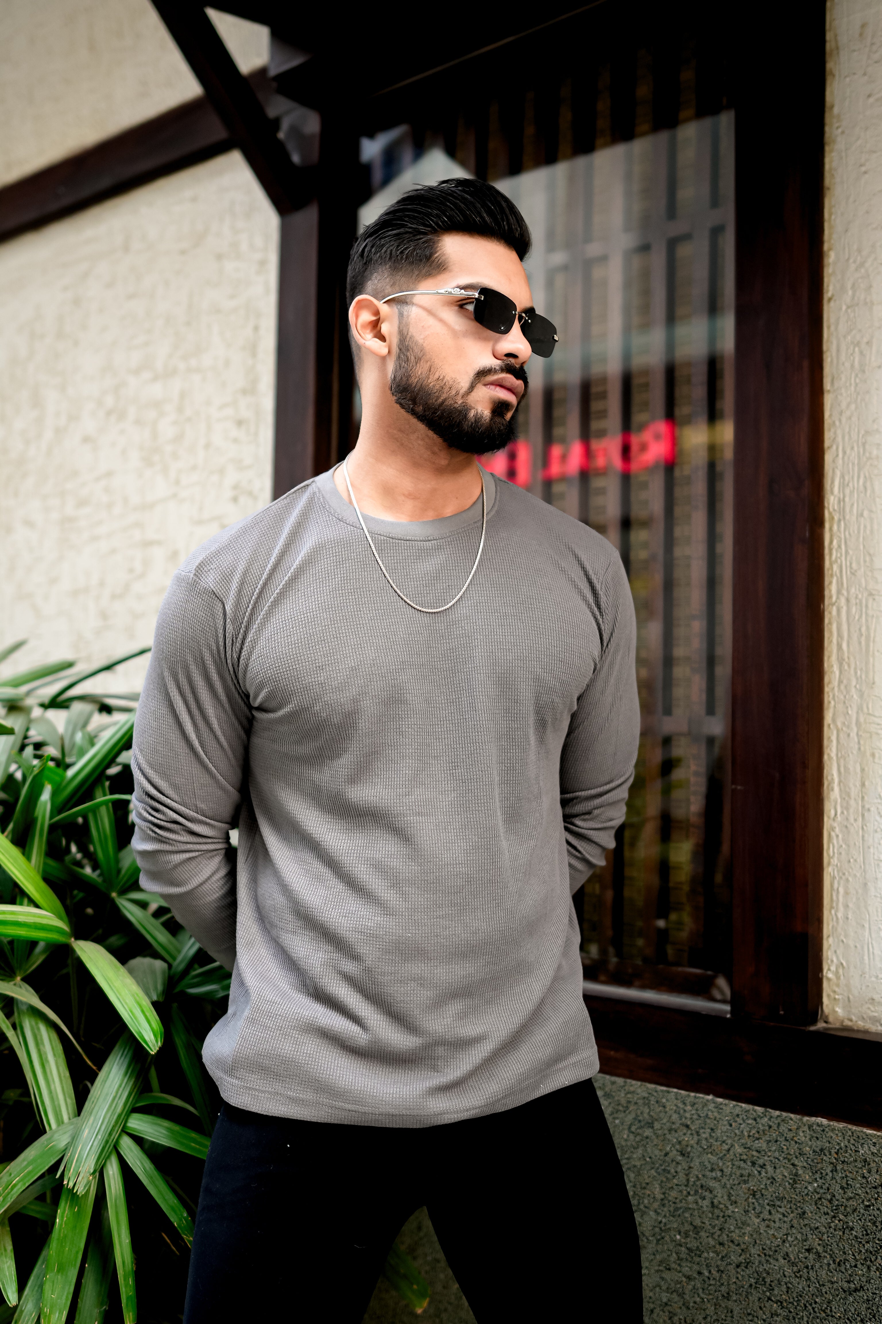 Grey Waffle Round Neck T-Shirt