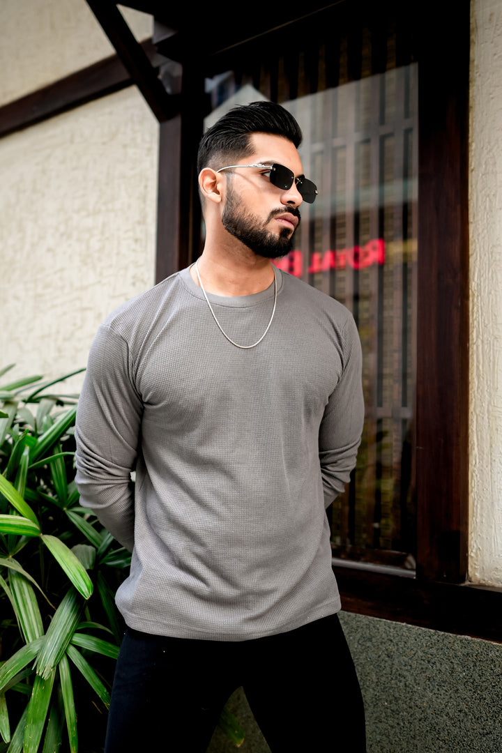 Grey Waffle Round Neck T-Shirt