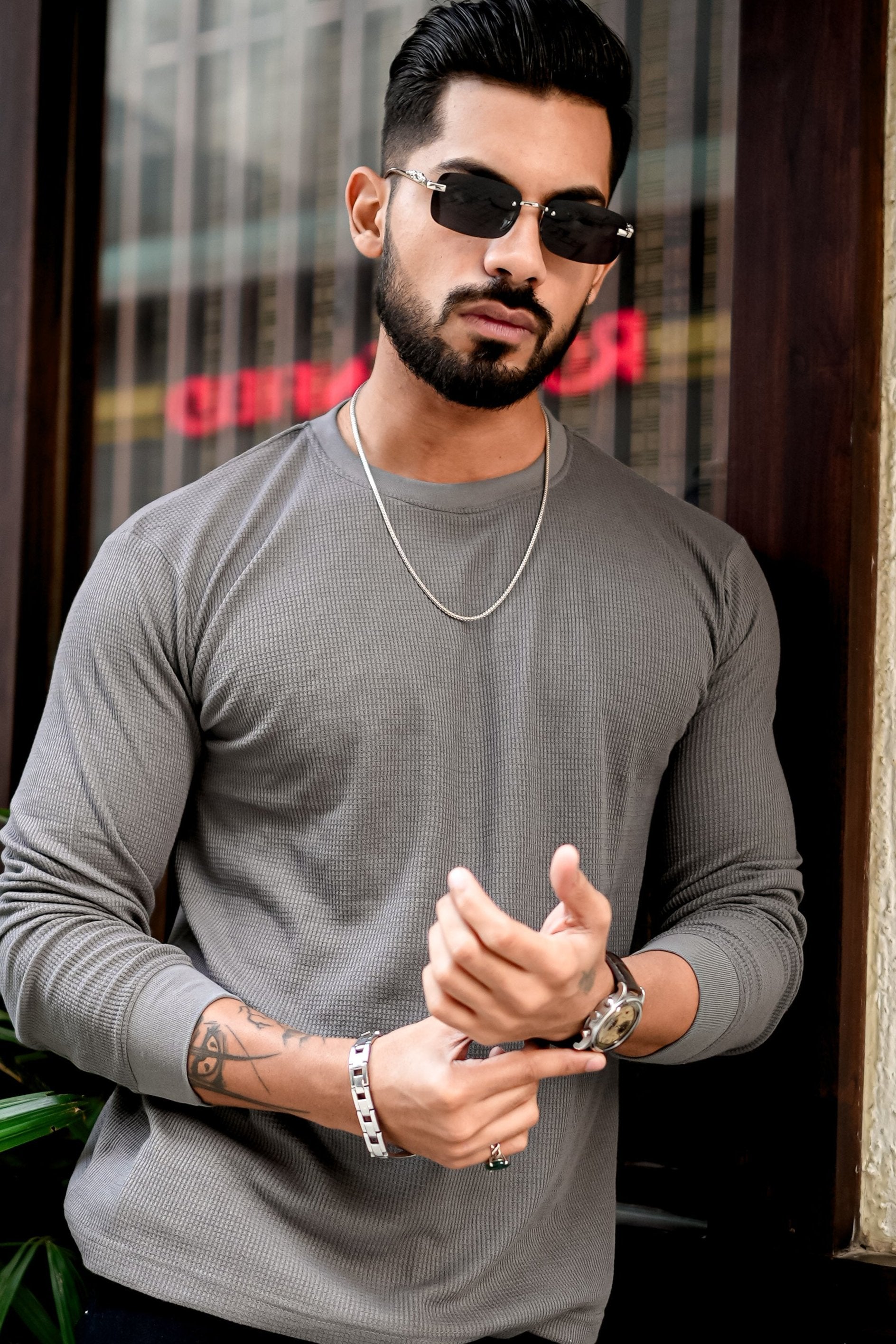 Grey Waffle Round Neck T-Shirt