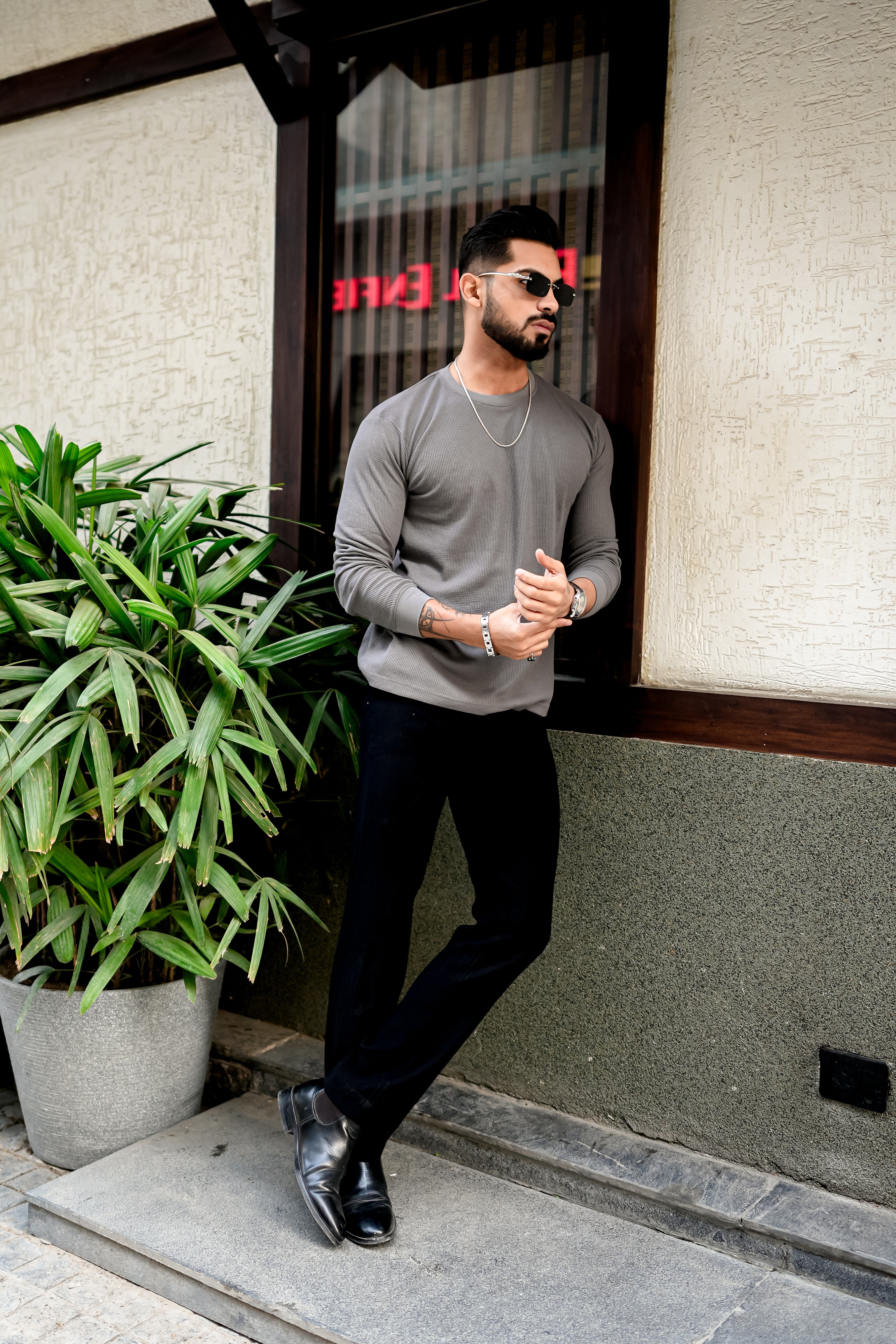 Grey Waffle Round Neck T-Shirt