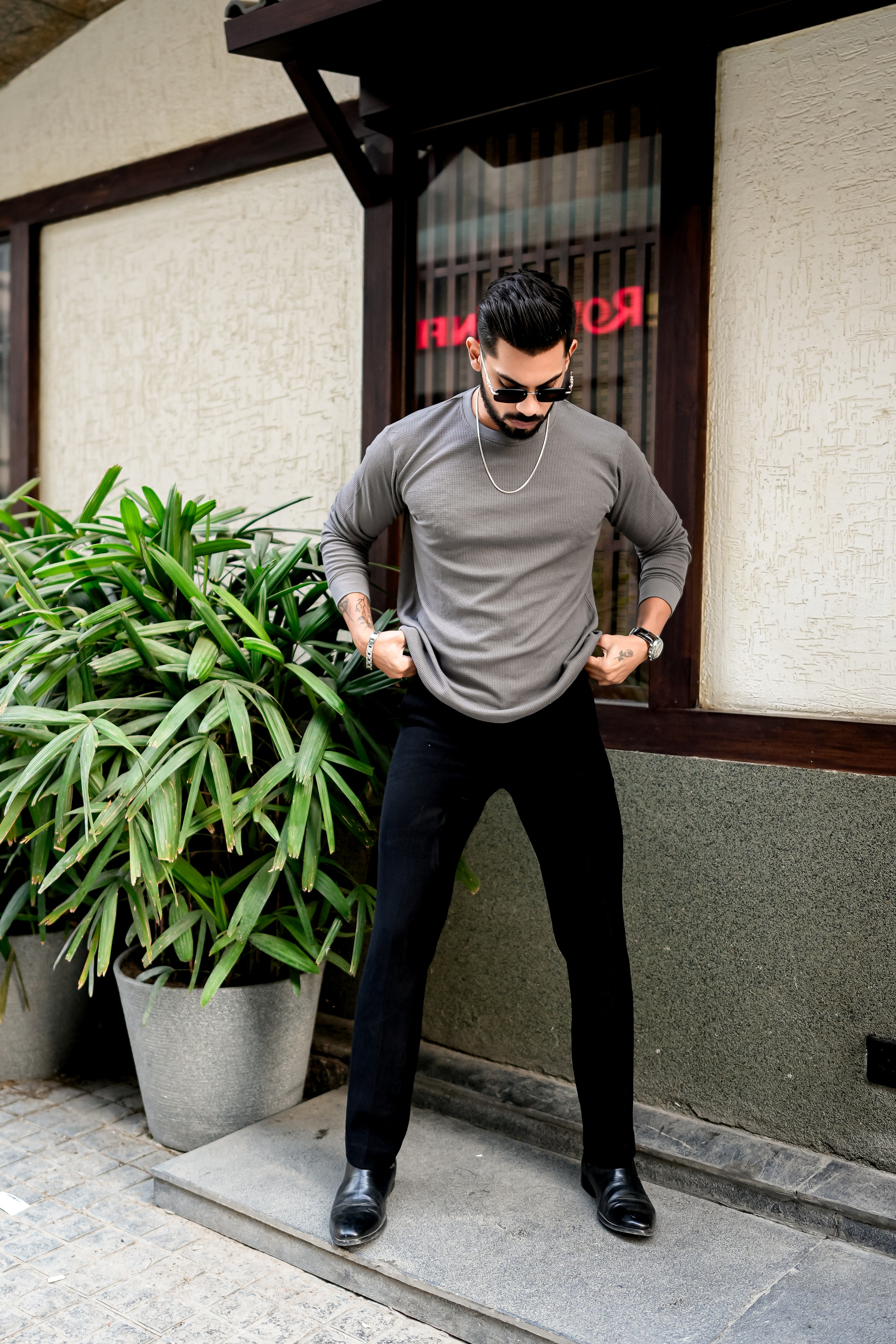Grey Waffle Round Neck T-Shirt