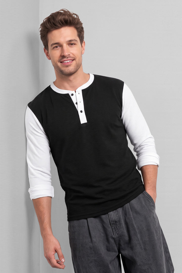 Black White Colorblocked Ottoman Henley T-Shirt