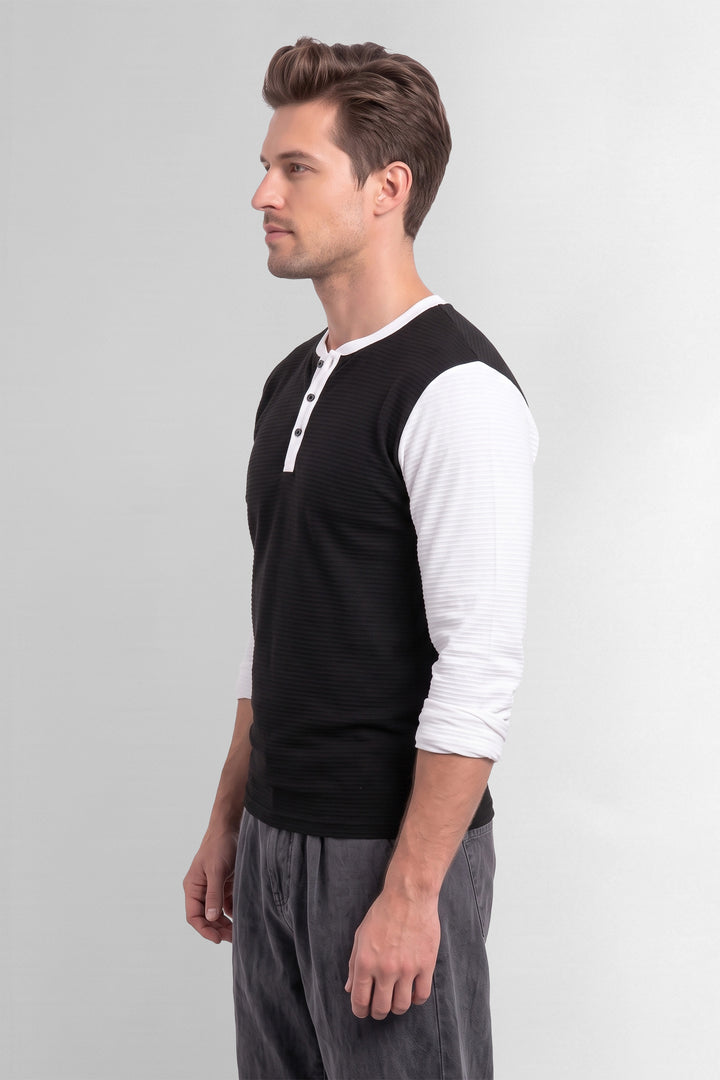 Black White Colorblocked Ottoman Henley T-Shirt