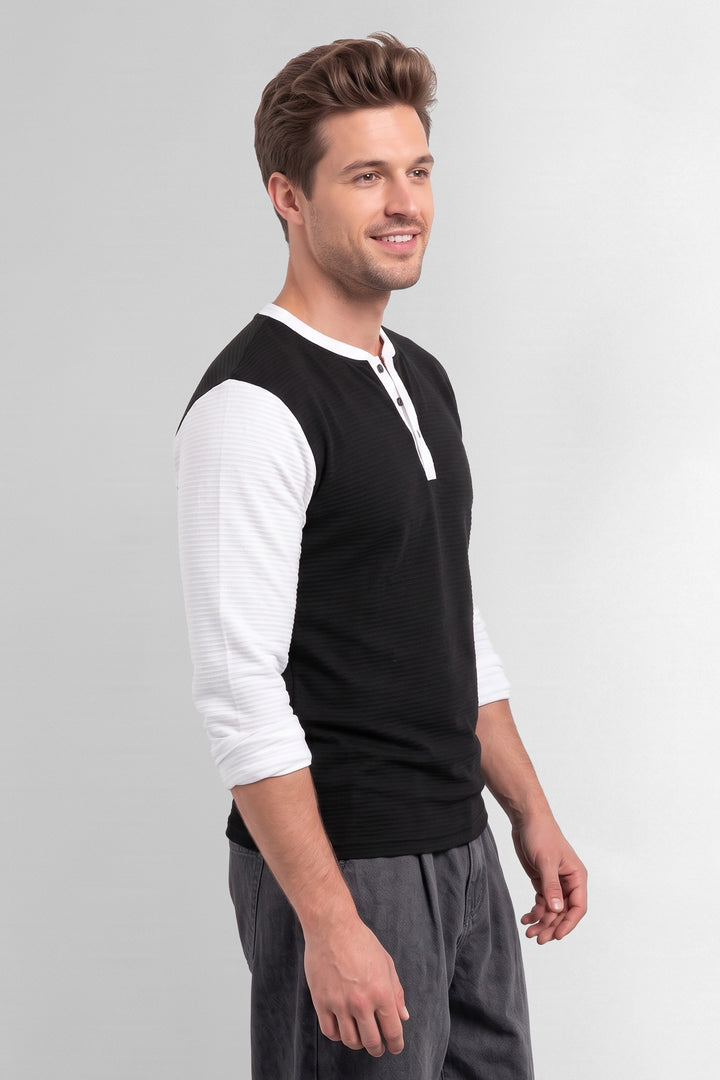 Black White Colorblocked Ottoman Henley T-Shirt