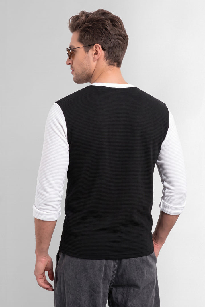 Black White Colorblocked Ottoman Henley T-Shirt