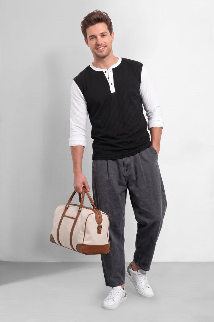 Black White Colorblocked Ottoman Henley T-Shirt