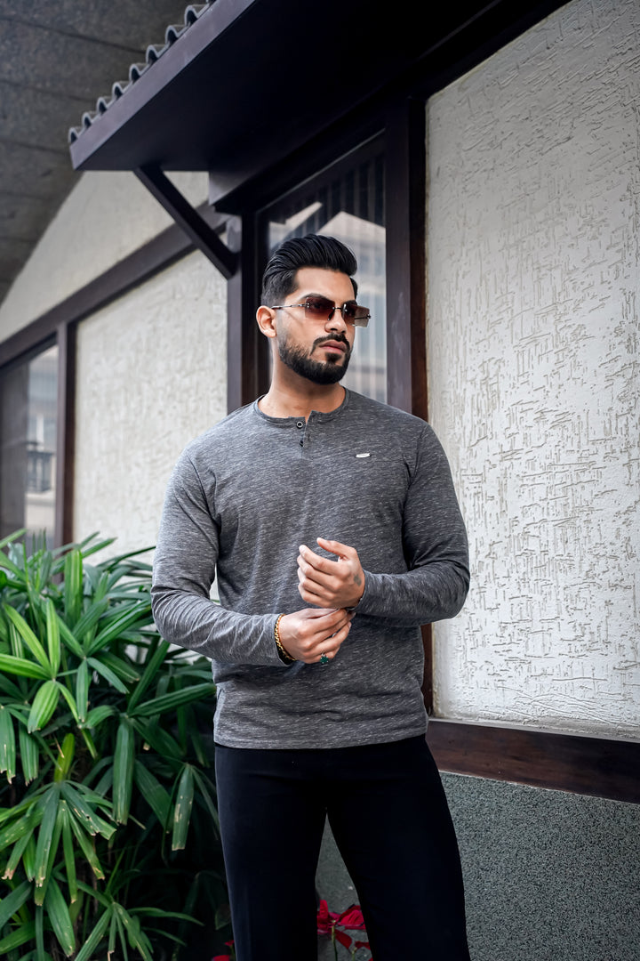 Grey Self Design Henley Neck T-Shirt