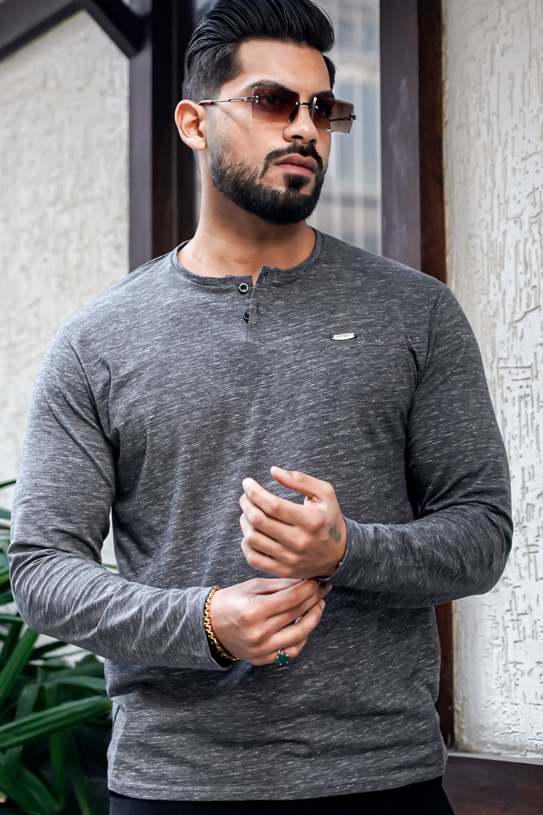 Grey Self Design Henley Neck T-Shirt