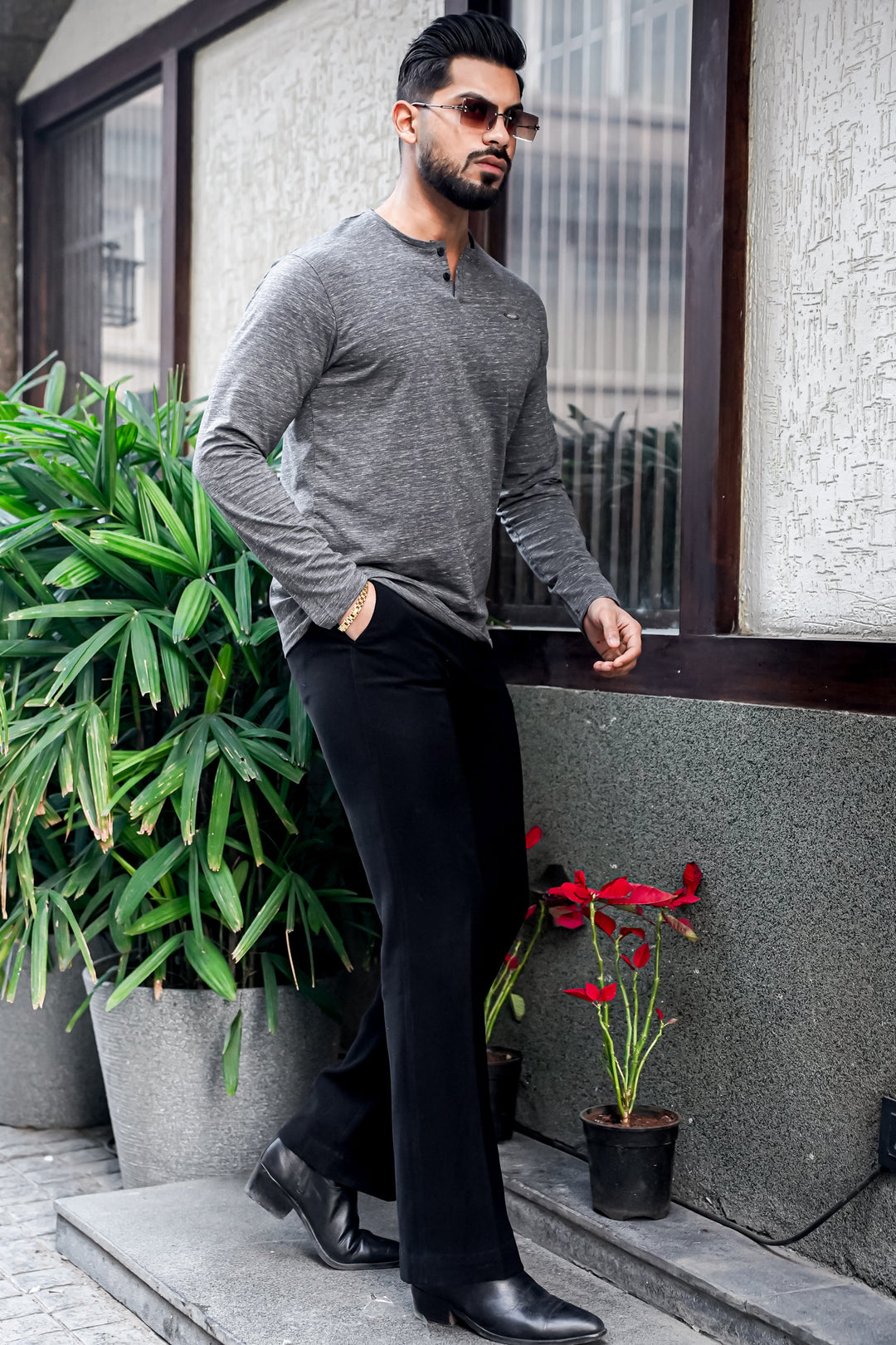 Grey Self Design Henley Neck T-Shirt