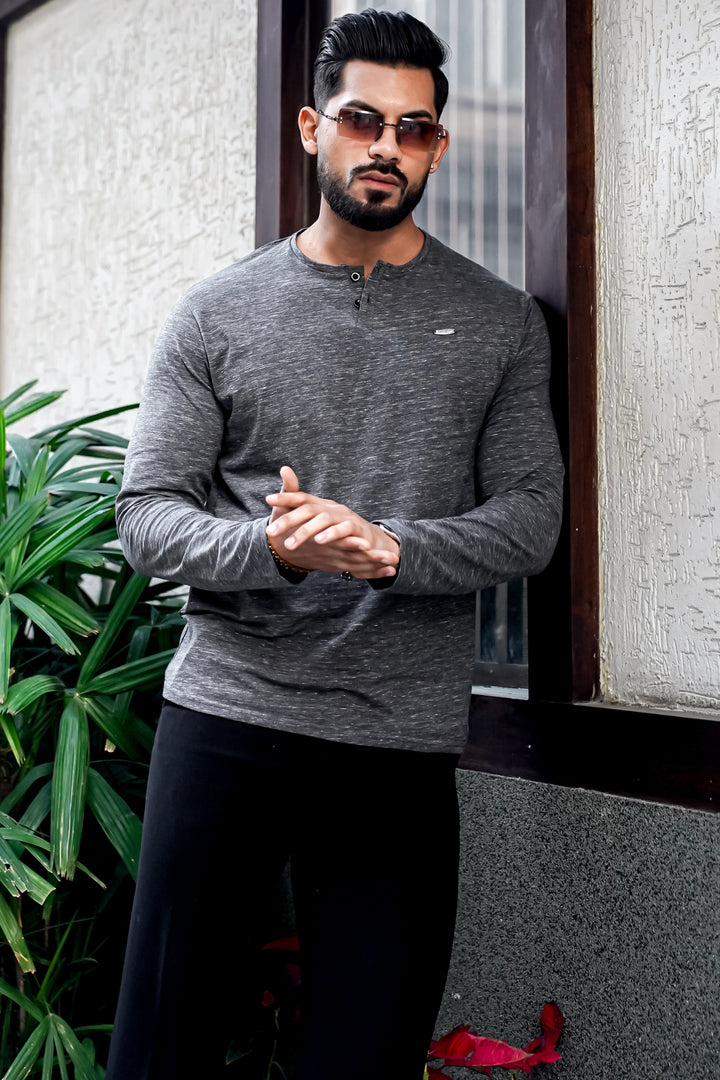 Grey Self Design Henley Neck T-Shirt
