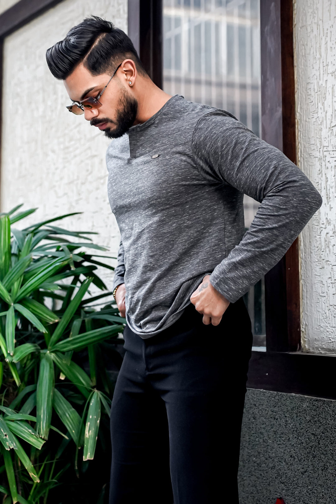Grey Self Design Henley Neck T-Shirt