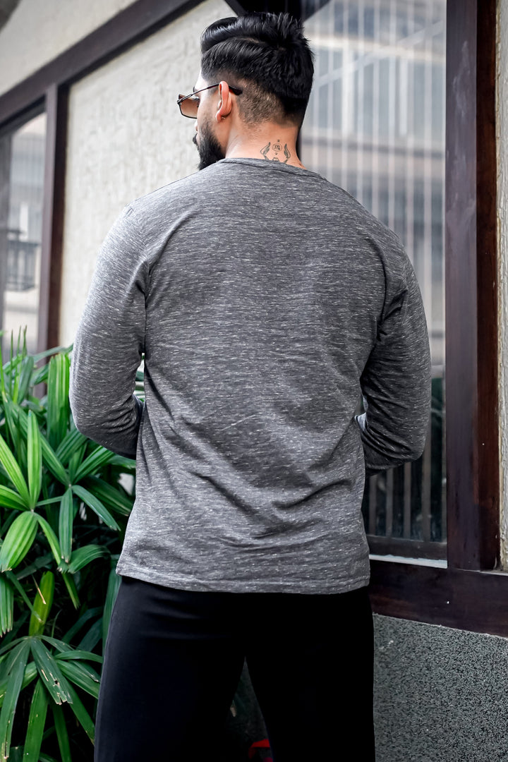 Grey Self Design Henley Neck T-Shirt