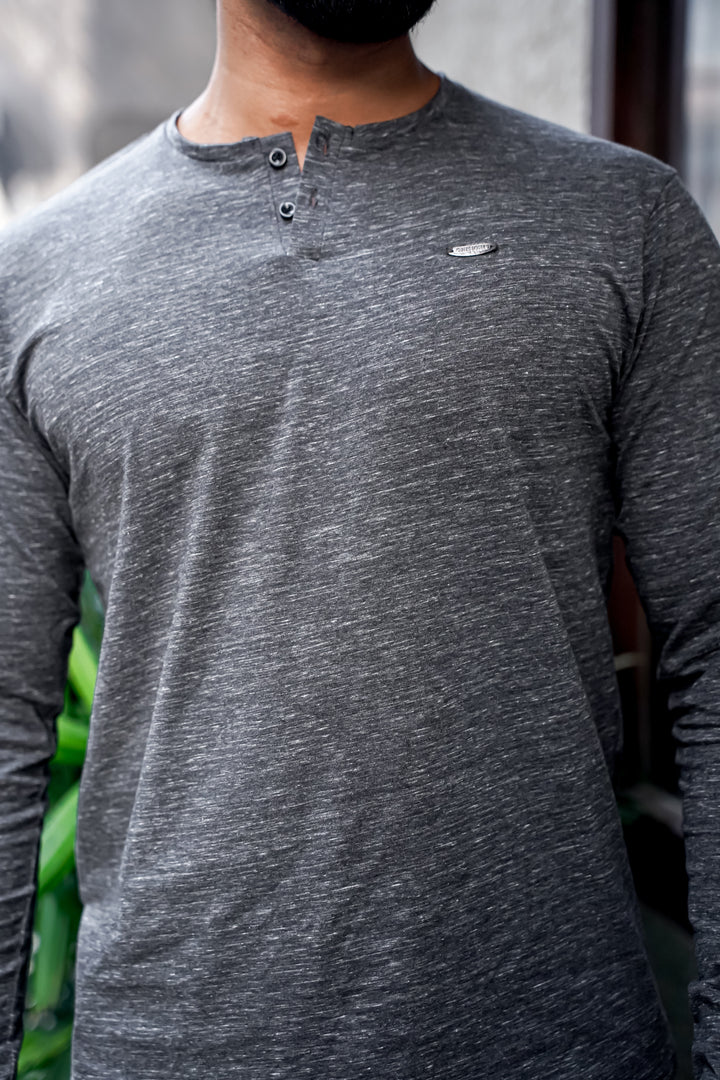 Grey Self Design Henley Neck T-Shirt