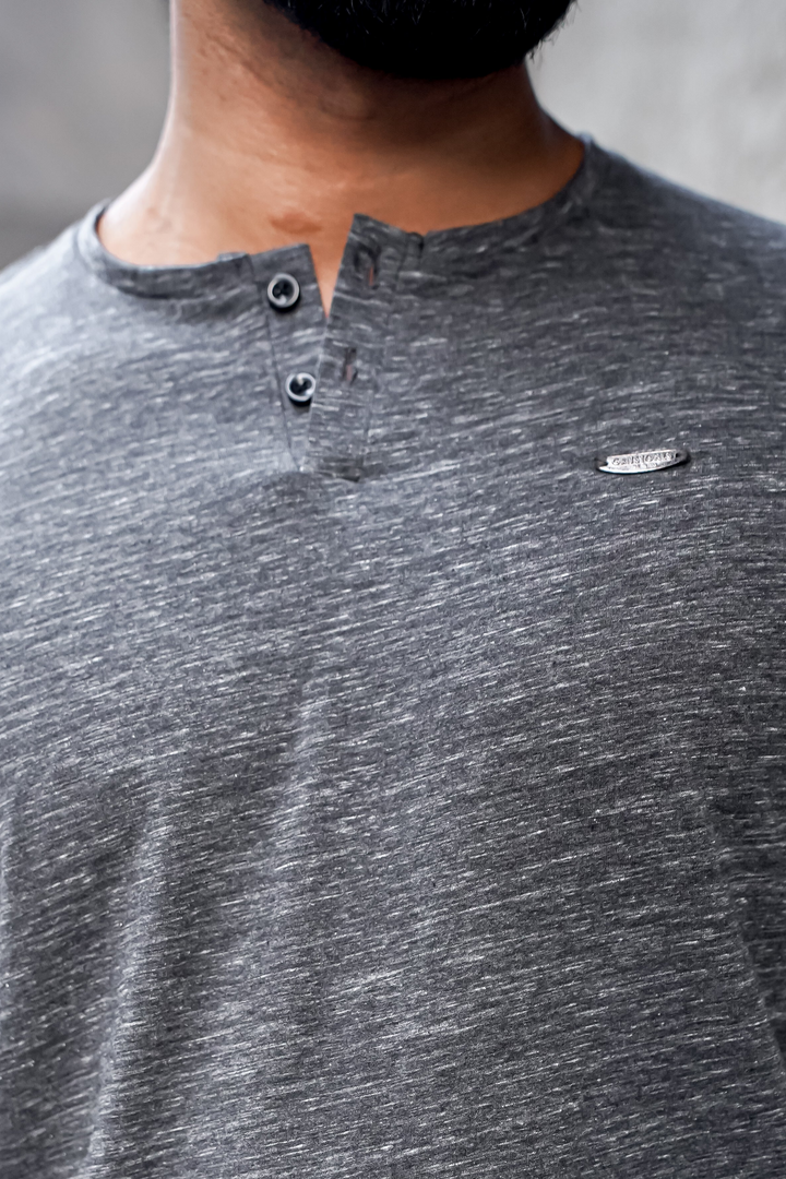 Grey Self Design Henley Neck T-Shirt