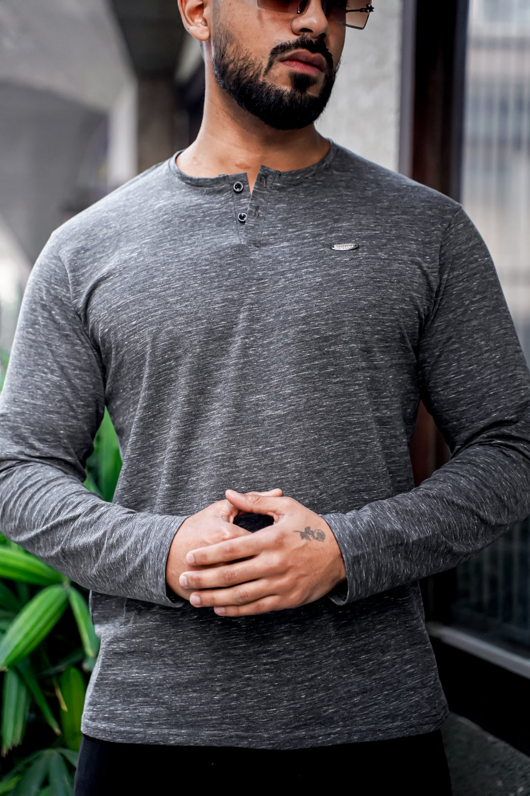 Grey Self Design Henley Neck T-Shirt