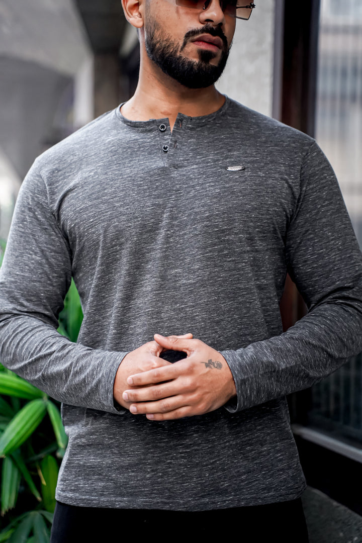 Grey Self Design Henley Neck T-Shirt