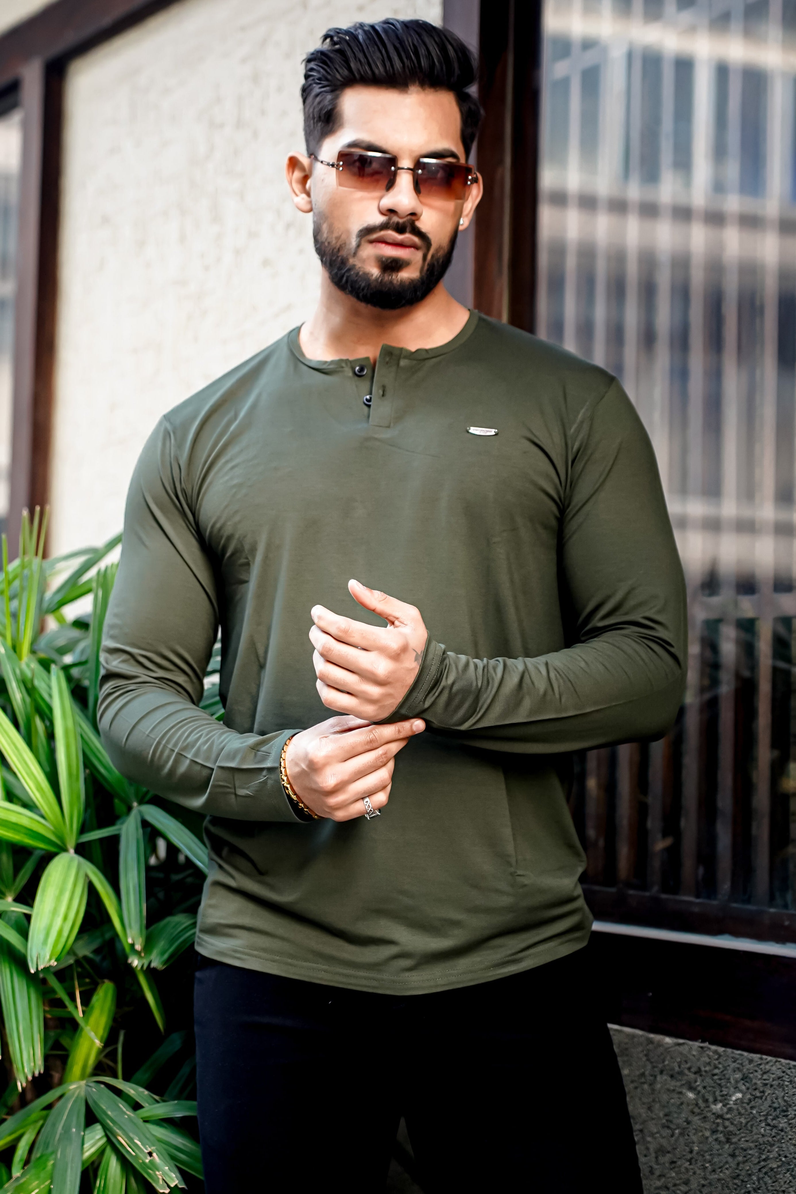 Olive Cotton Stretch Henley T-Shirt
