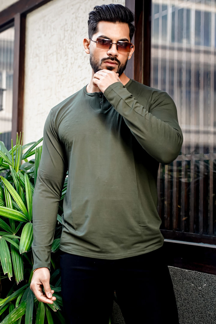 Olive Cotton Stretch Henley T-Shirt