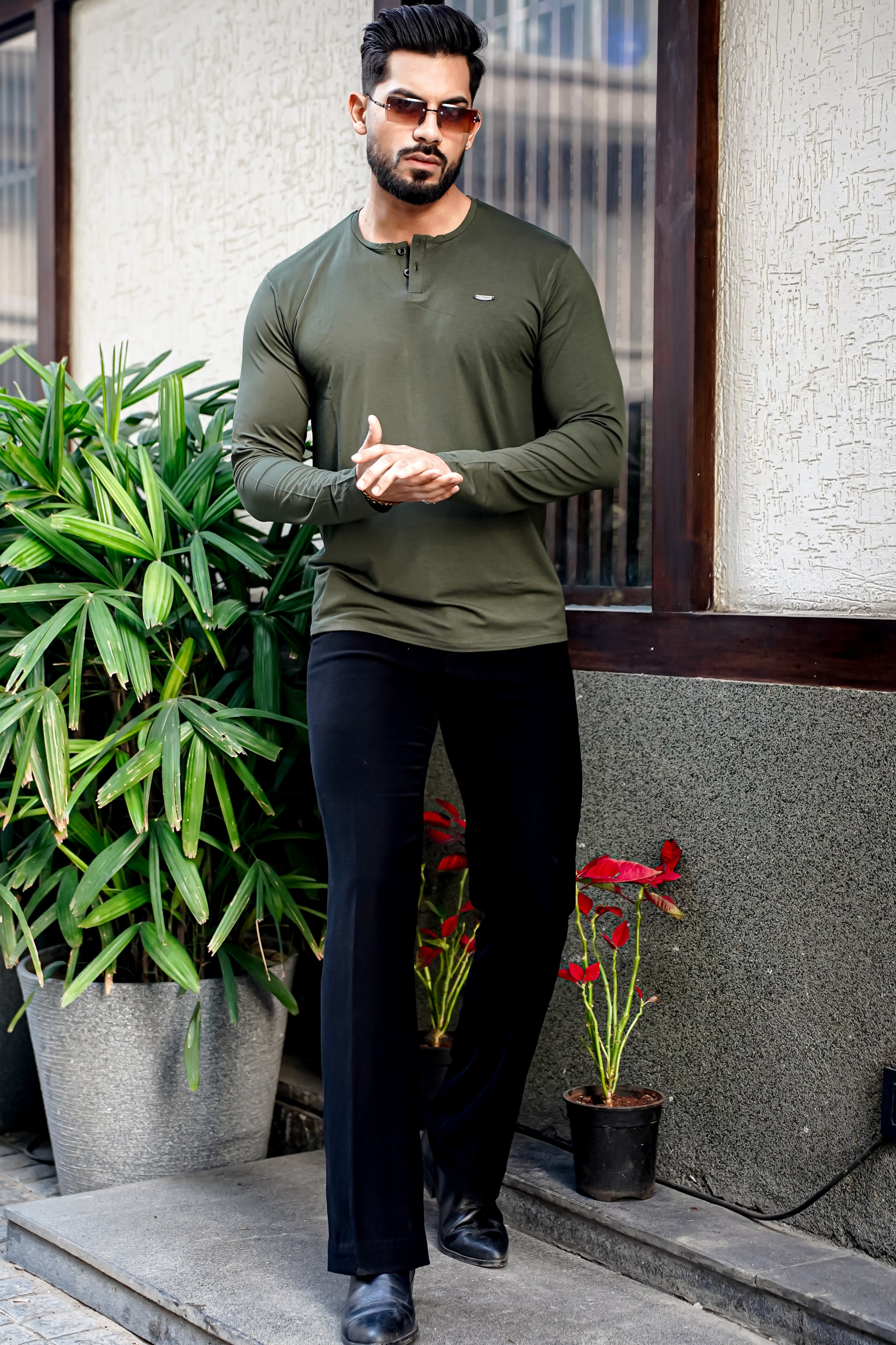 Olive Cotton Stretch Henley T-Shirt