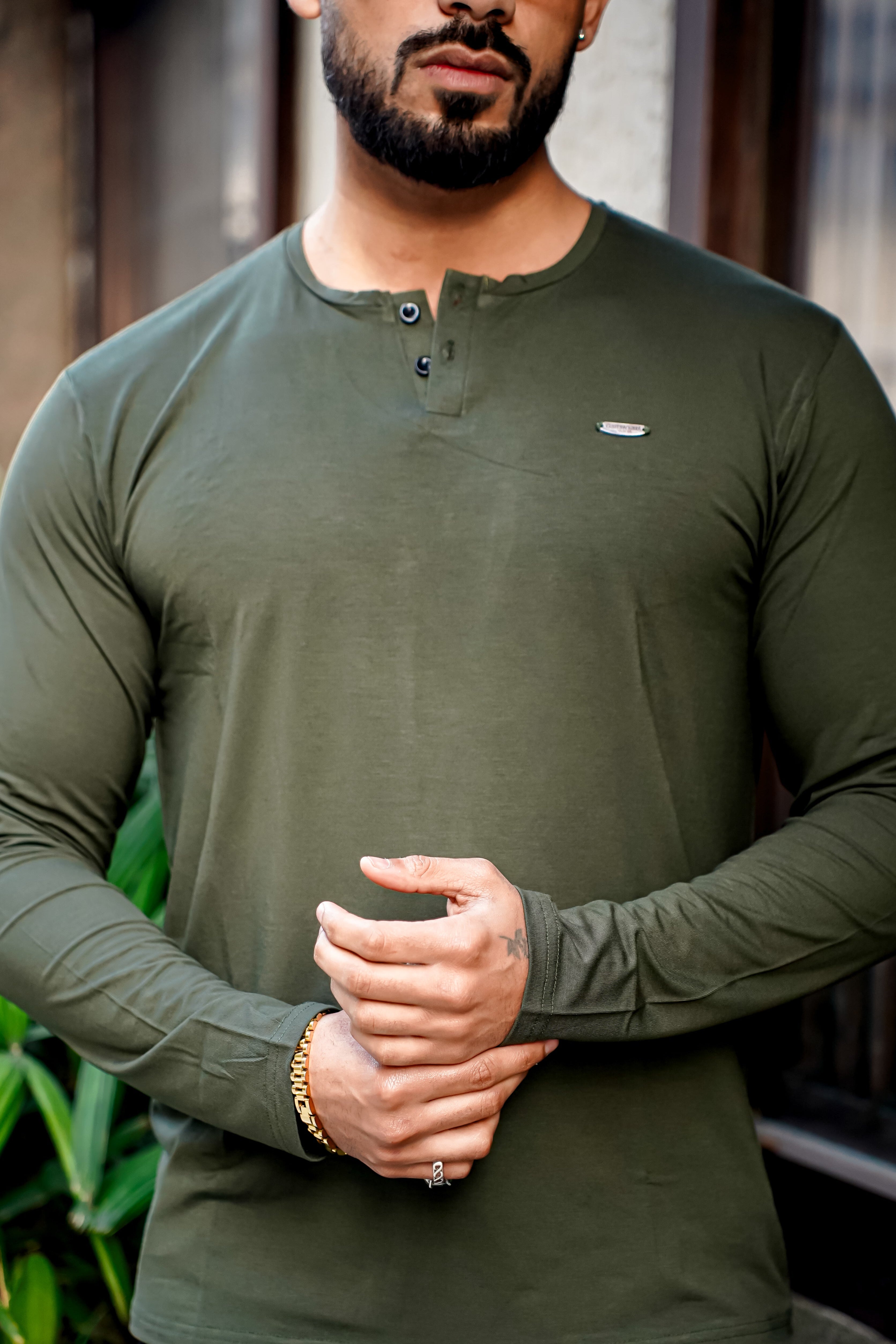 Olive Cotton Stretch Henley T-Shirt