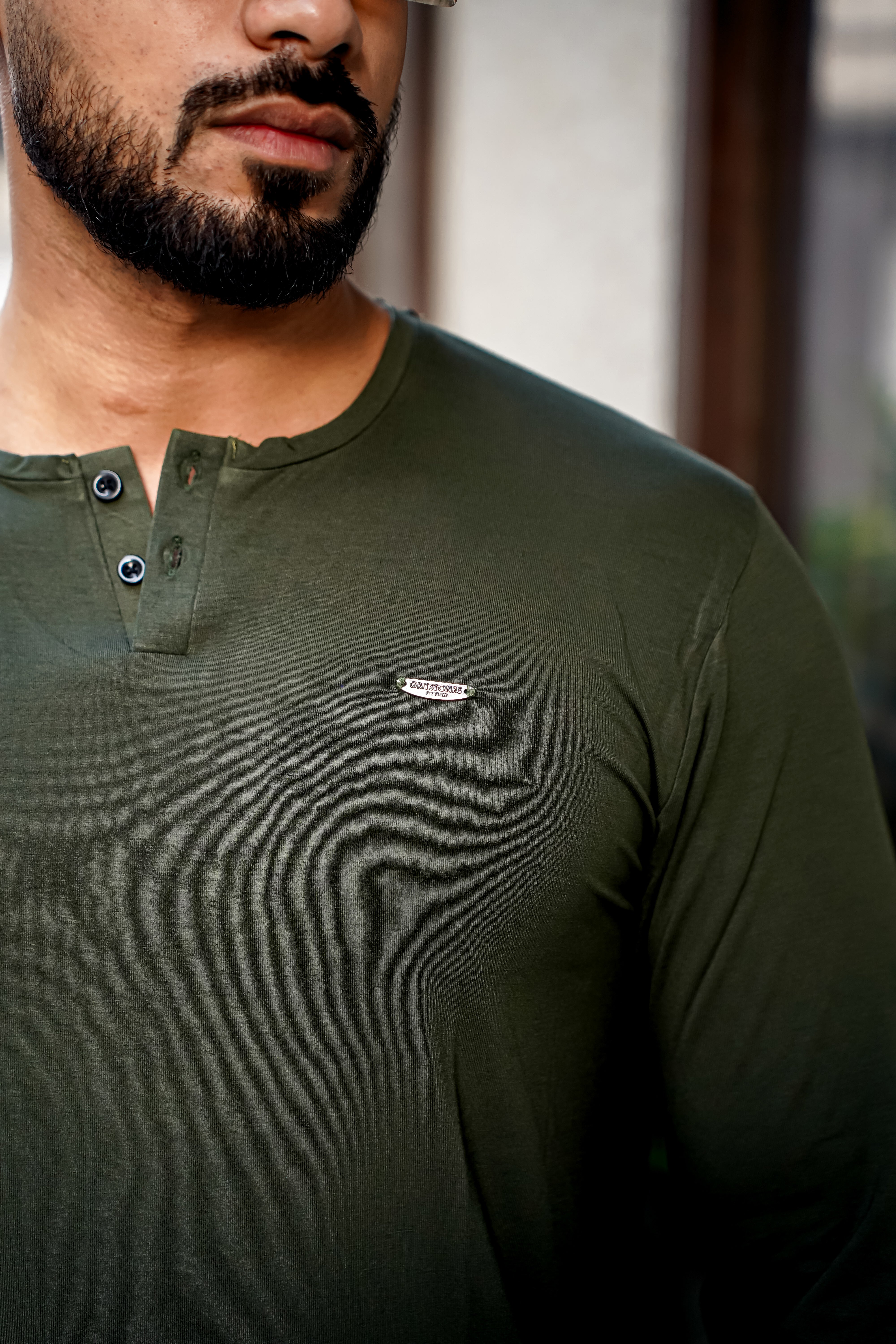 Olive Cotton Stretch Henley T-Shirt
