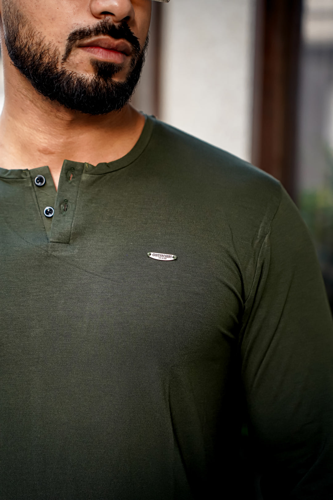 Olive Cotton Stretch Henley T-Shirt