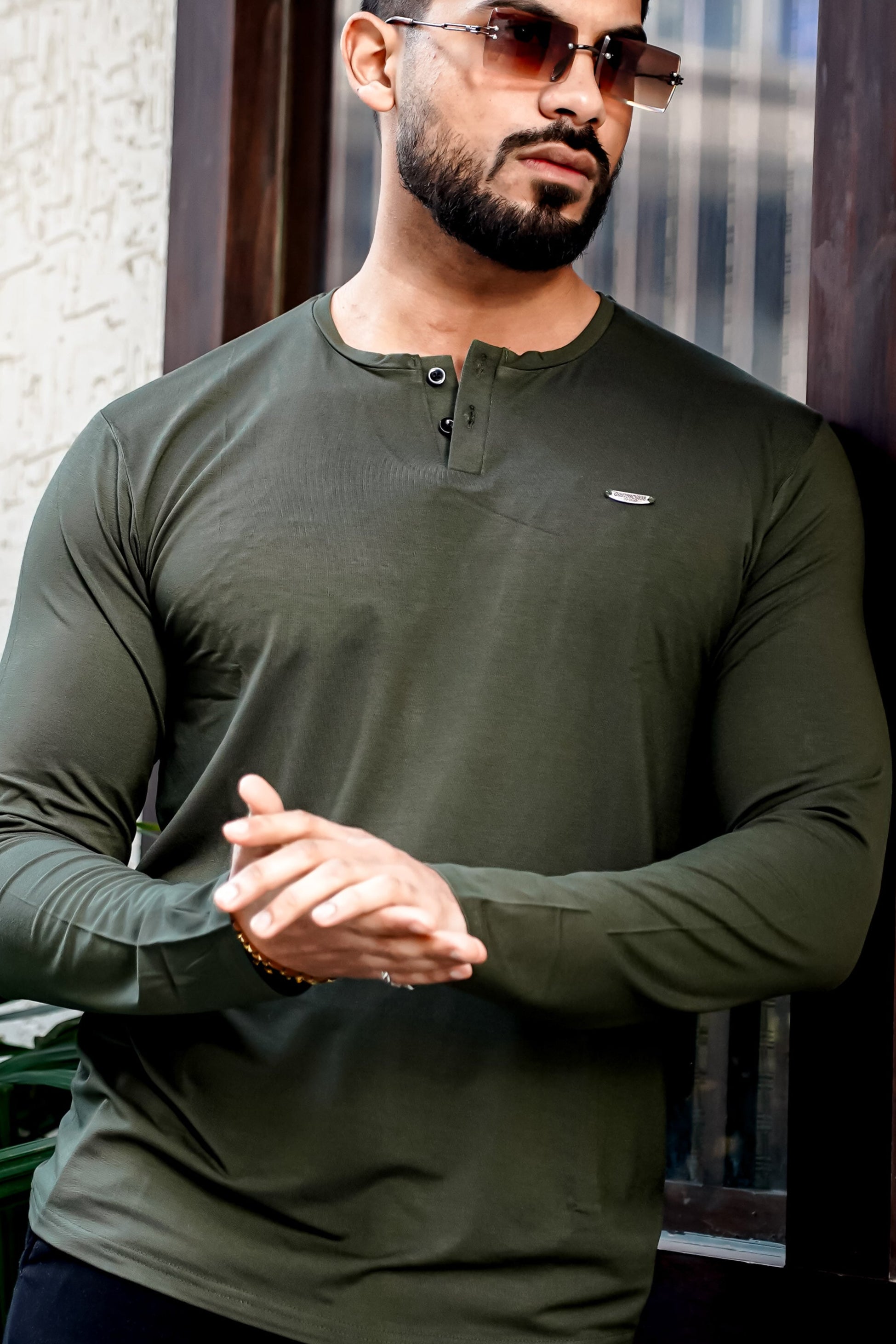 Olive Cotton Stretch Henley T-Shirt