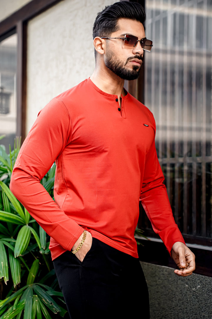Rust Cotton Stretch Henley Neck T-Shirt