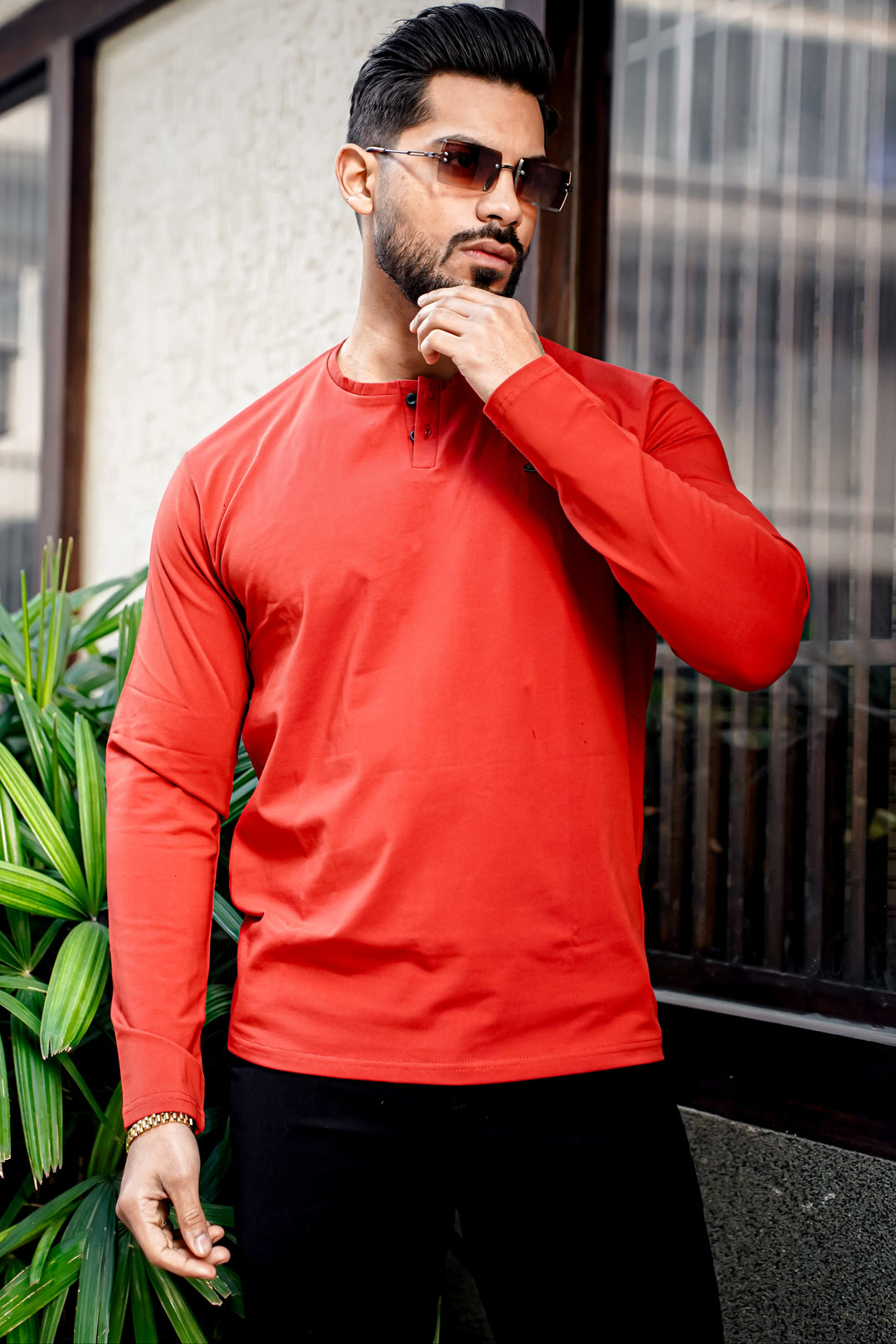 Rust Cotton Stretch Henley Neck T-Shirt