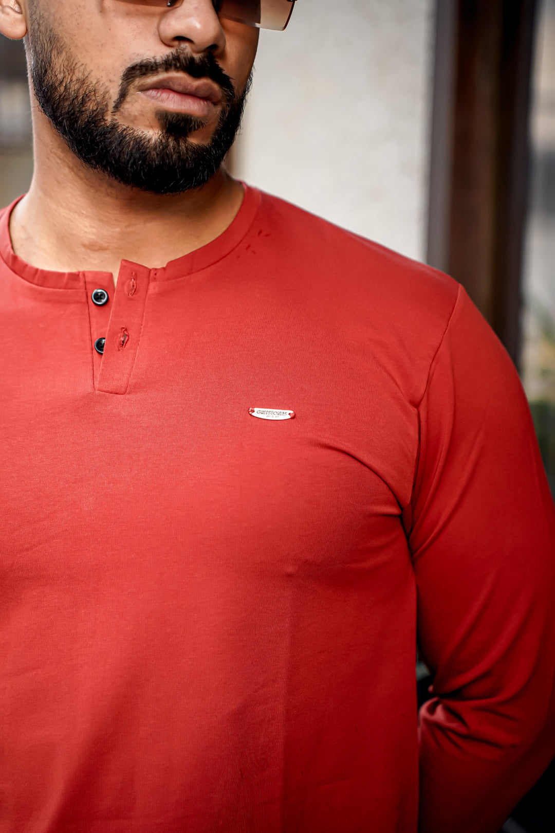 Rust Cotton Stretch Henley Neck T-Shirt