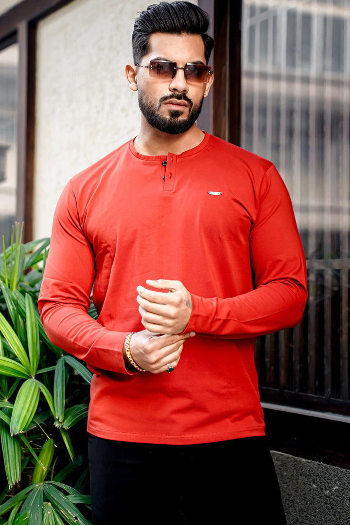 Rust Cotton Stretch Henley Neck T-Shirt