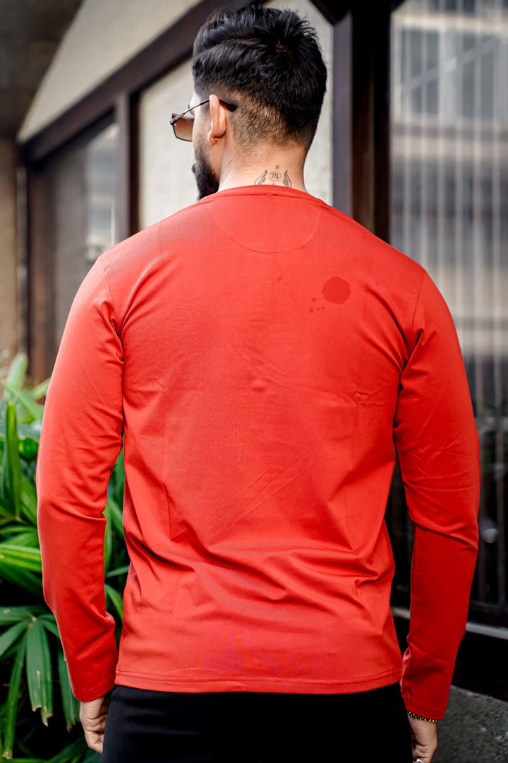 Rust Cotton Stretch Henley Neck T-Shirt