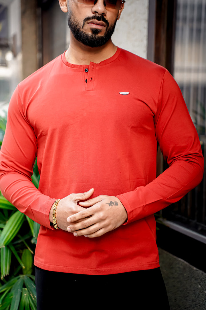 Rust Cotton Stretch Henley Neck T-Shirt