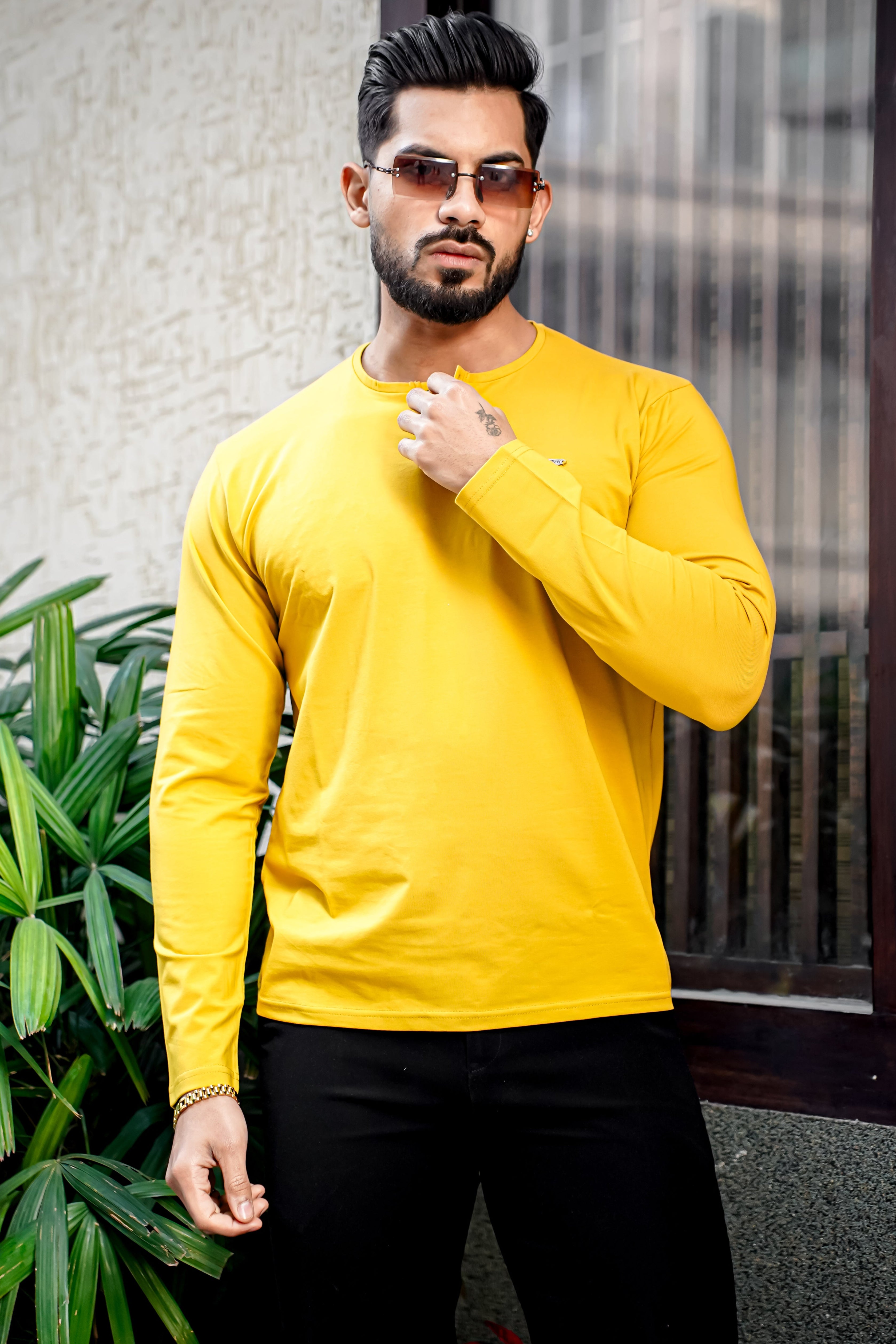 Yellow Cotton Stretch Henley Neck T-Shirt
