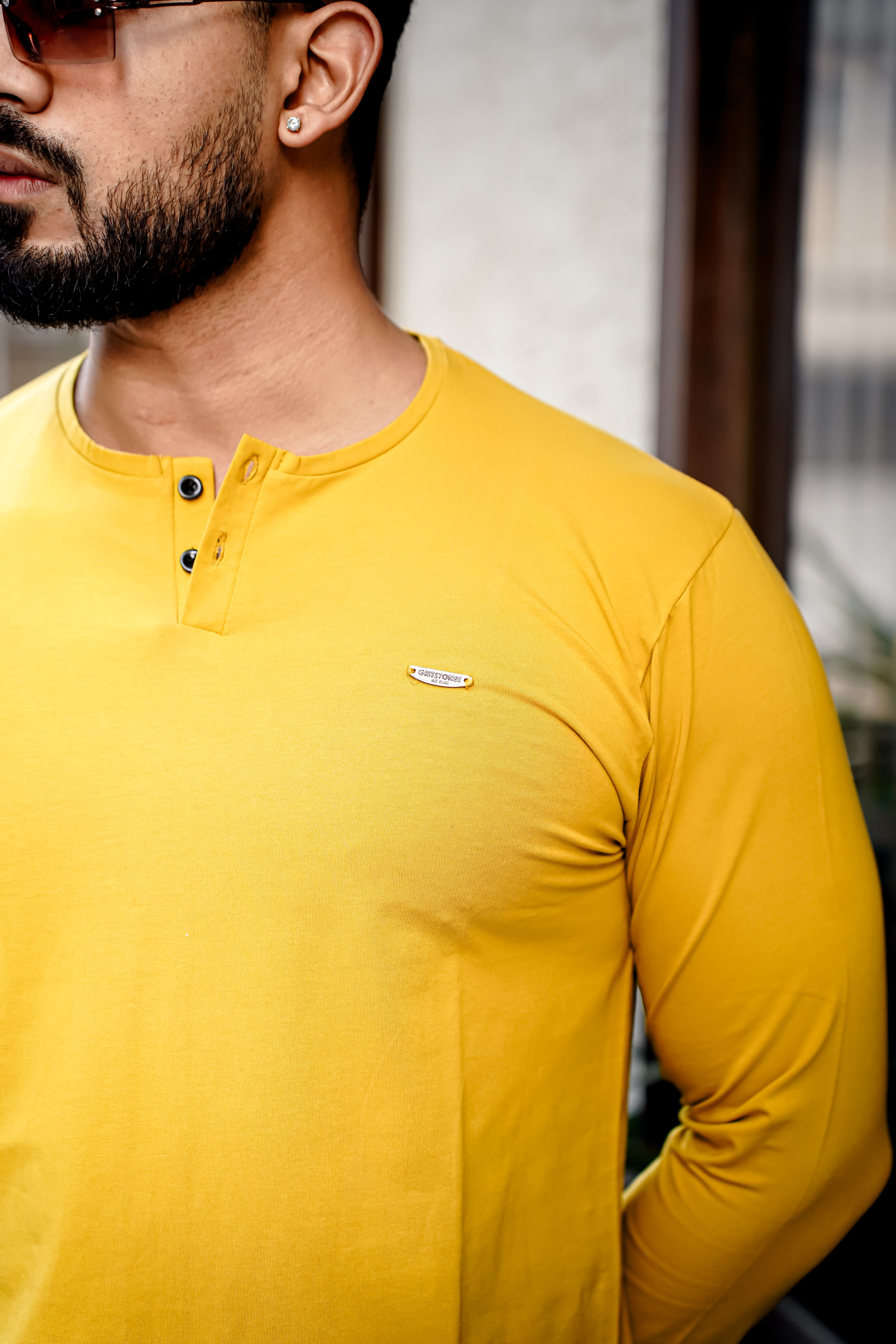 Yellow Cotton Stretch Henley Neck T-Shirt