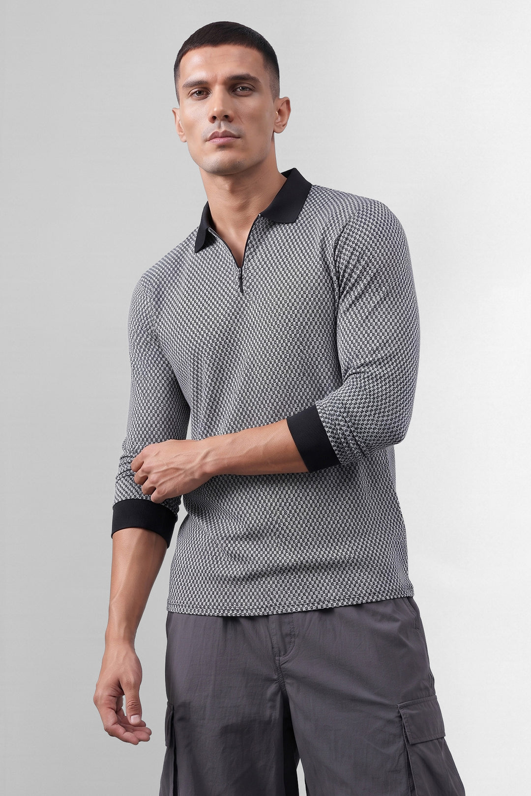 Black Self Design Zipper Collar T-Shirt
