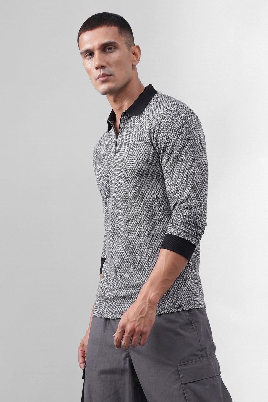 Black Self Design Zipper Collar T-Shirt