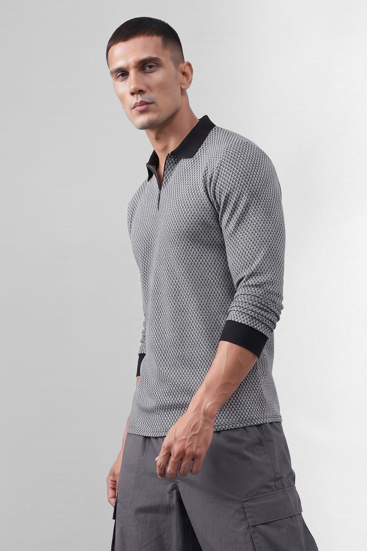 Black Self Design Zipper Collar T-Shirt