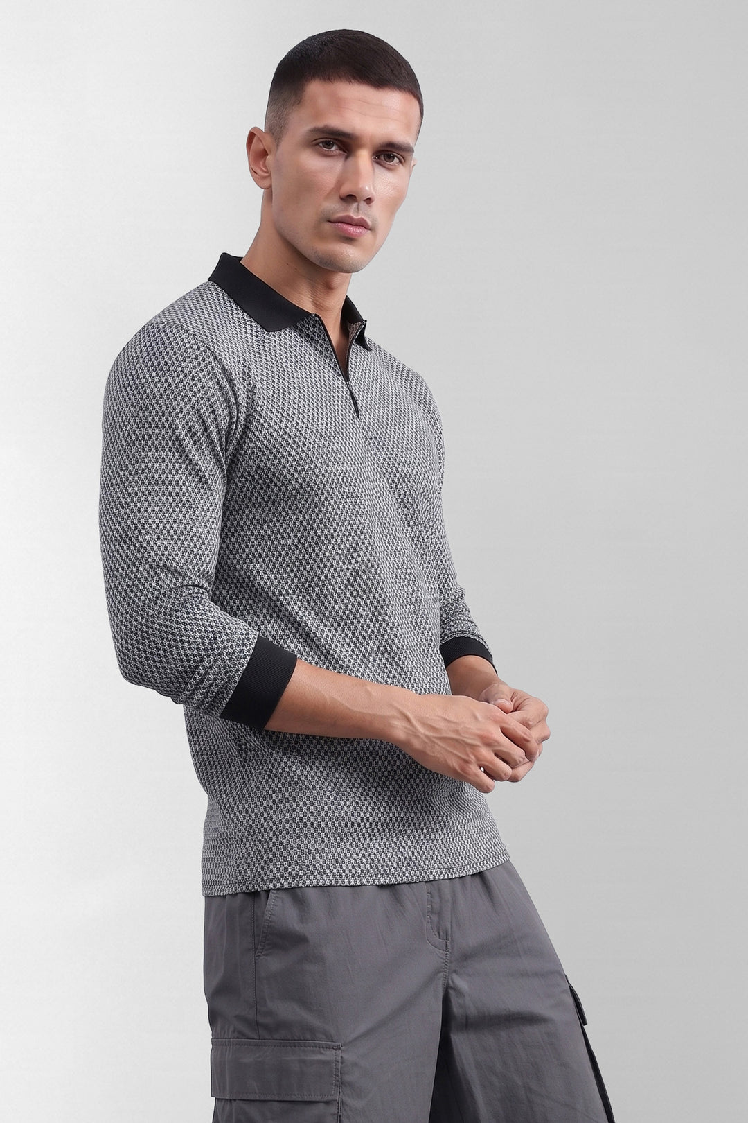 Black Self Design Zipper Collar T-Shirt