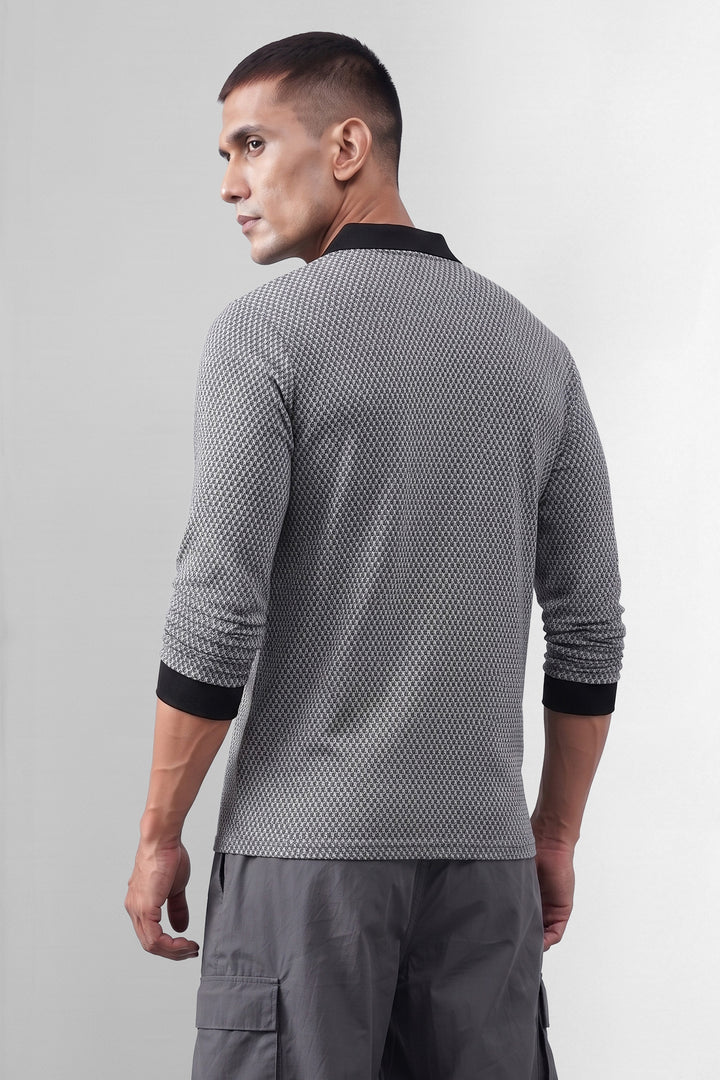 Black Self Design Zipper Collar T-Shirt