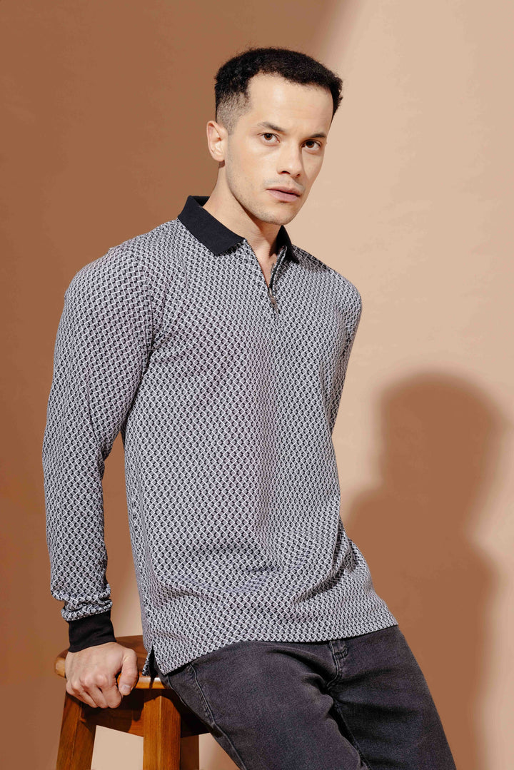 Black Self Design Zipper Collar T-Shirt