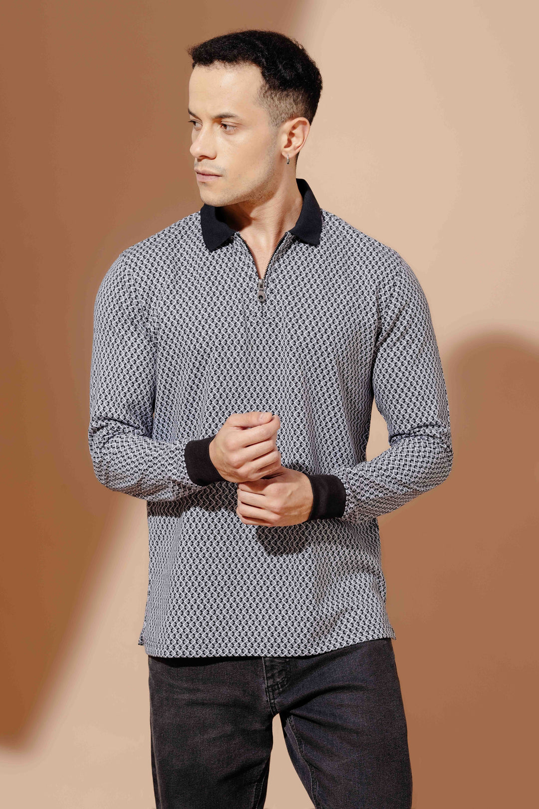 Black Self Design Zipper Collar T-Shirt