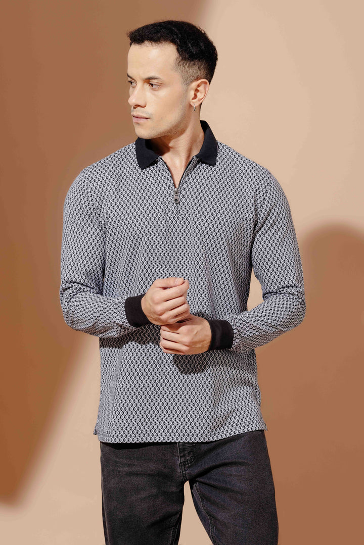 Black Self Design Zipper Collar T-Shirt