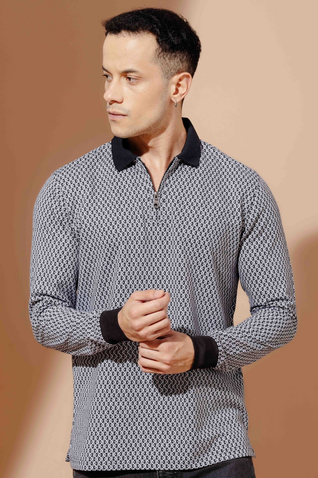 Black Self Design Zipper Collar T-Shirt