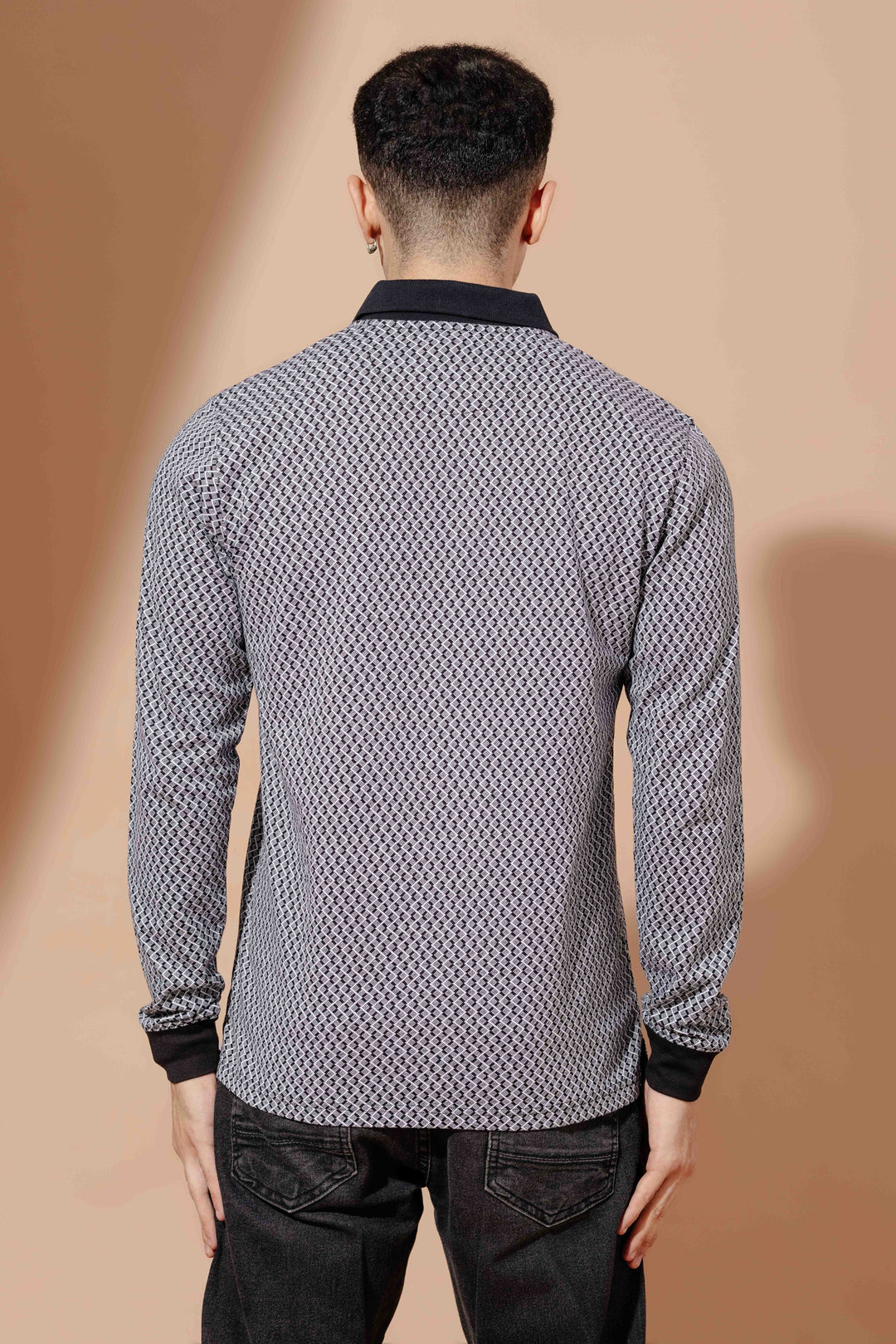 Black Self Design Zipper Collar T-Shirt