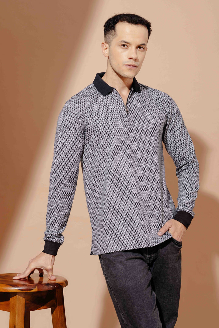 Black Self Design Zipper Collar T-Shirt