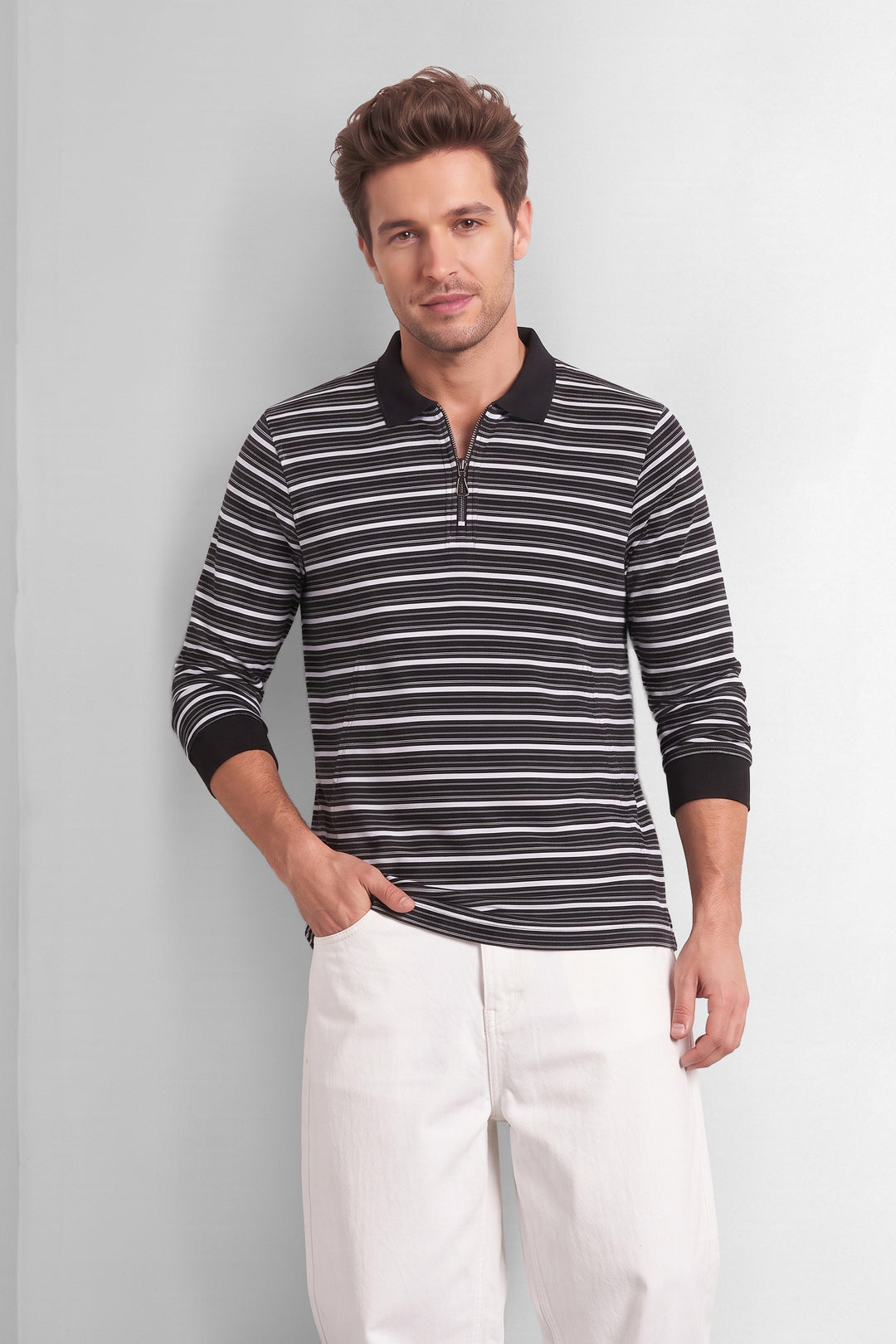 Black Striped Full Sleeve Zipper T-Shirt