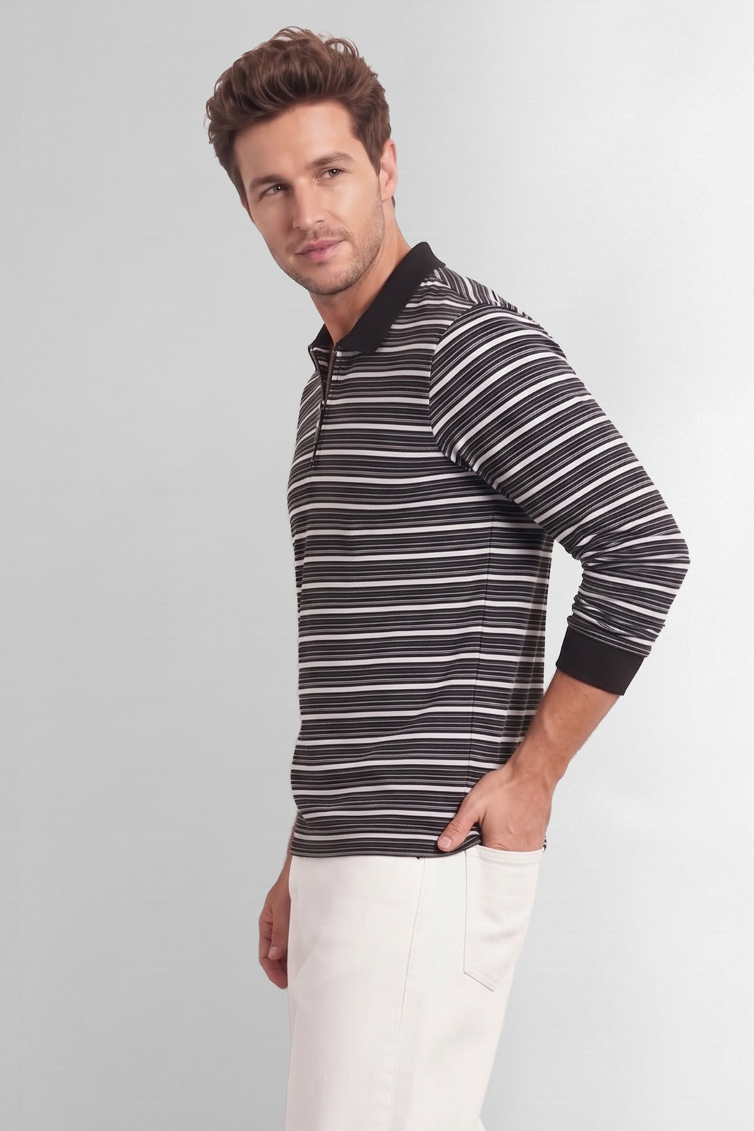 Black Striped Full Sleeve Zipper T-Shirt