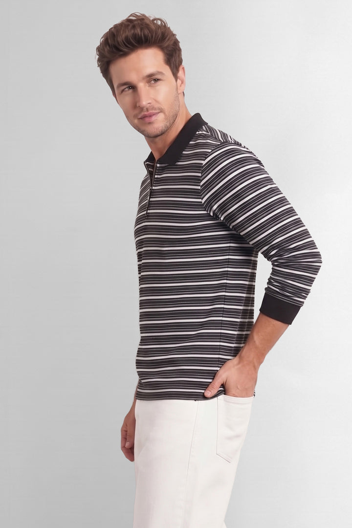 Black Striped Full Sleeve Zipper T-Shirt